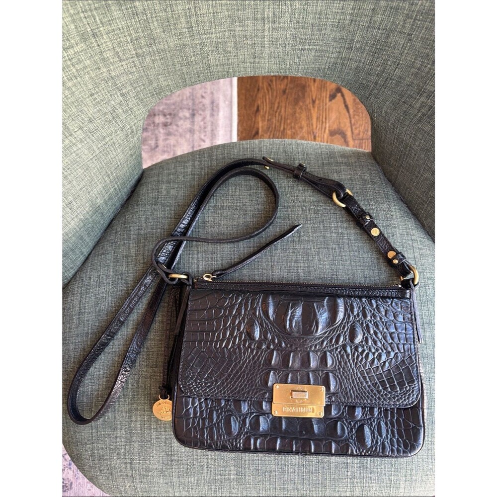 Brahmin Black Croc-Embossed Crossbody with Gold Hardware purse bag authentic EUC